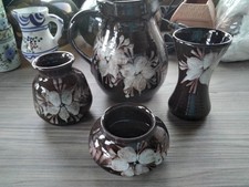 (4)Tenby Pottery Brown Stoneware 1,Jug,3 vases,with cream flowers design. 