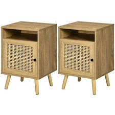 HOMCOM Nightstand Rattan Bedside Table Sofa Side Table w/ Cabinet Shelf Natural