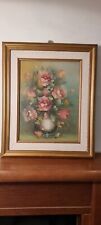 Framed Original Oil Painting On Canvas Roses 20th C Gilt Gold Flowers Vase 