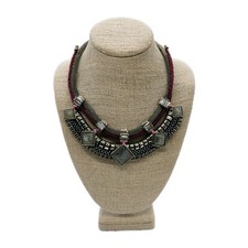 Ann Taylor Loft Gold Tone Metal Cloth Ropes Gray Glass Rhinestones Necklace 21"