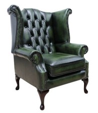 Fast Delivery Queen Anne High Back Armchair Real Leather Antique Green