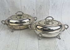 Antique Sheffield silver plate footed serving dish with inner tray and lid x 2