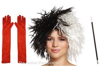 CRUELLA DEVILLE DE VILLE FANCY DRESS COSTUME WIG CIGARETTE HOLDER GLOVES LOT SET