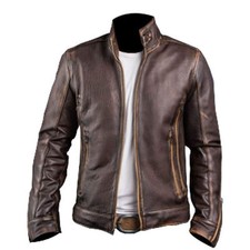 Men's Cafe Racer Stylish Biker Brown Distressed Real Leather Jacket