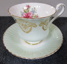 Lovely Vintage Paragon Pale Blue / Green Tea Cup & Saucer With Pink Roses Design