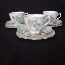 3 Vintage Trios Blue Pink Floral Cups Saucers Plate Bone China Made In England