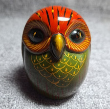 Porcelain Hand Painted Round Owl Bird Figurine.Red,Green.Colorful Folk Art Style