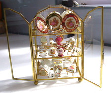VINTAGE  16 Limoges French Porcelain Miniatures In Brass & Glass Display Case