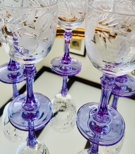 Vintage Quality Amethyst Purple grape floral etched crystal sherry glasses x5