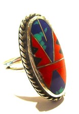 STERLING SILVER NAVAJO CORAL TURQUOISE LAPIZ LARGE MOSAIC RING SUPERB SIZE Z + 1