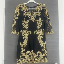 KAREN MILLEN Black Mesh With Gold Silk Embroidery Mini Dress. Slim Fit.UK 12