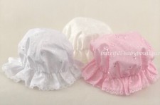 Baby Girls Broderie Anglaise Lace Trim Mop Hat Sun Hat White Pink or Ivory 0-3M