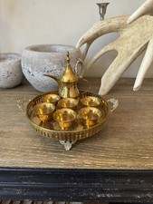 Vintage Saudi Arabian Brass Dallah Coffee Pot, Tray & Set Of 6 Cups Engraved