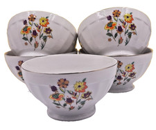 Set of 5 Modern French Porcelain Bowls Café au Lait Coffee Flowers Design  A1950