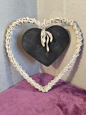 White Woven Wicker Hanging Heart with Inset Black Slate Chalk Noticeboard