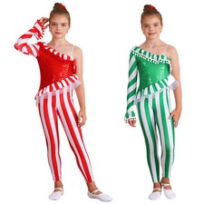UK Girls Candy Cane Costume Stripe Christmas Bodysuit Xmas Dancewear Jumpsuit