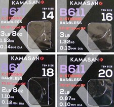 Kamasan B611 Spade End Barbless Fishing Hooks To Nylon - Sizes 14, 16, 18, 20