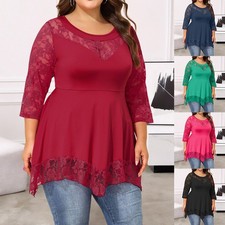 Plus Size Women Lace Sexy Gothic Tunic Tops Ladies 3/4 Sleeve T Shirt Blouse