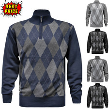 Men's Half-Zip Diamond Print Knitted Jumper High Neck long sleeve sweater (1962)
