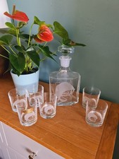 French Carafe Decanter Etched Amicale des Sapeurs Pompiers de La Gacilly Set X 7