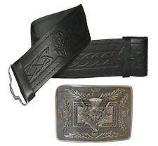 Mens Leather Kilt Belt And Thistle Buckle, Scottish Embossed Kilt Belt Outfit