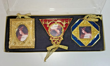 Set of 3 Miniature Picture Frames Ornaments Christmas Vintage Style Gold Enamel