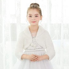 White Princess Soft Faux Fur Wedding Flower Girl Bolero Shrug Jacket Party Kids
