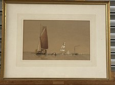 Antique 19th Century Watercolour Maritime Scene – Sailing Boats, Steam Ship Art