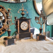 Antique French Fully Working Clock Garnitures Marble Strike Mantle Slate Candles