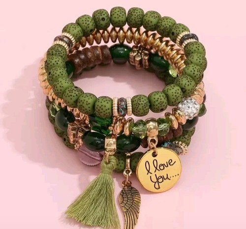 Green gold tone beaded charm - &,