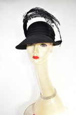 Black wool hat long feather Mourning Funeral winter warm vintage 80's
