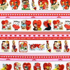 VINTAGE VALENTINES MICHAEL MILLER RETRO GREETING CARDS KISSES BORDER FABRIC HY