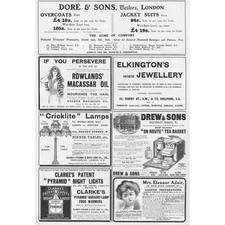 Edwardian Adverts; Macassar Oils, Cricklite Lamps Tea Basket -Antique Print 1903