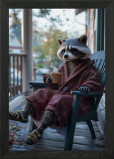 Raccoon in Robe with Coffee