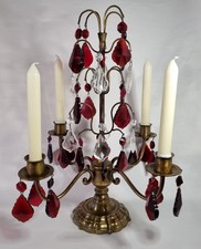 Vintage Brass Metal Candelabra Glass Crystal Drops Ornate 4 Arm Candle Holder