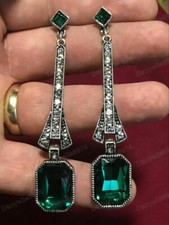 Vintage Style Art Deco Egypt Geometric Large Drop Earrings Green Glass Crystal