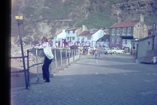35mm Slide 1976 Staithes Harbour & street scene Mini parked 