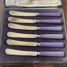6 Vintage Art Deco Silver Plated Purple Bakelite Handles Tea Butter Knives Cased