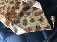 VINTAGE Oblong Christmas Gold Glitter Holly Embroidery Table Runner 14 X 56in