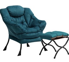 Velvet Blue Green Armchair with Footstool Living Room Lounge Relax Seat