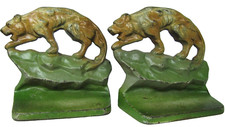 TIGER BIG CAT Prowling Crouching in Landscape Cast Iron Decorative Arts Bookends