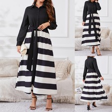 Women Striped Maxi Dress Strappy Button Up Long Sleeve Ruffle Swing Shirt Dress