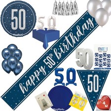 Blue 50th & Happy Birthday Party Decorations Silver Bunting Balloons Banner Age