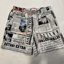 Men’s Newspaper Swim Trunks Sz M Board Shorts Cars Los Angeles Surf White