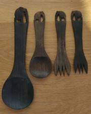 4 Vintage African Carved Wooden Spoons Forks Salad Servers Elephant Handles