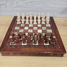 Handcrafted Aztec Mayan Themed Chess Set Resin Wooden Folding Board Brown Red 