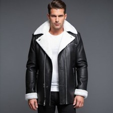 Men's REAL Leather BLACK coat + Fur Modern Vintage  design TOP Real leather