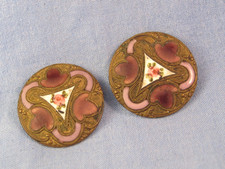 ANTIQUE PAIR VICTORIAN ART NOUVEAU BUTTONS PORCELAIN PINK ROSE ENAMEL BROOCH