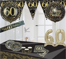 Age 60th & Happy Birthday Party Decorations Black Gold Bunting Banners Balloons
