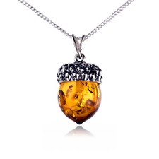 Sterling Silver Acorn Amber Brown Pendant 925 18'' Chain Gift